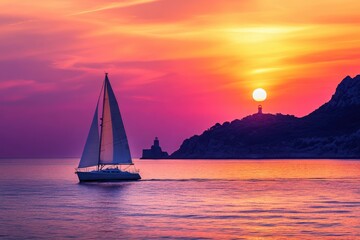 Fototapeta premium Sailboat sailing ocean sunset colorful sky image