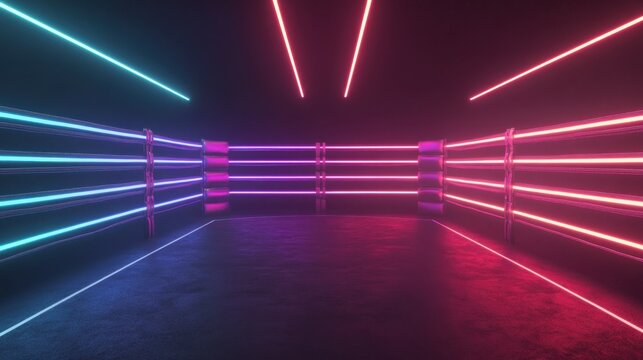 Neon Boxing Ring with Vibrant Lights in a Dark Atmospheric Setting