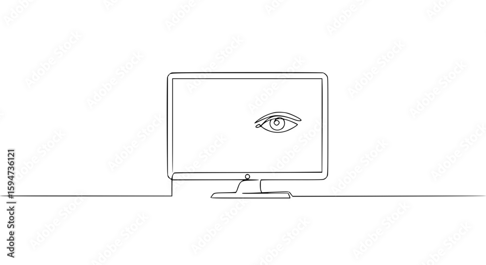 Fototapete Computer monitor with an eye illustration in single line outline vector  