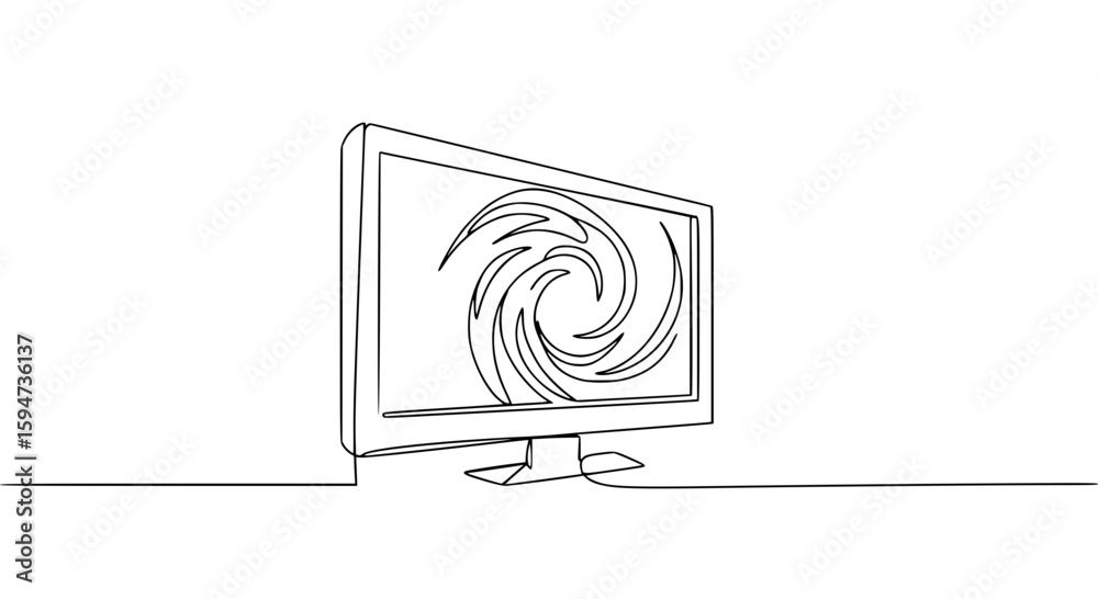 Poster computer monitor with swirling design in single line outline vector