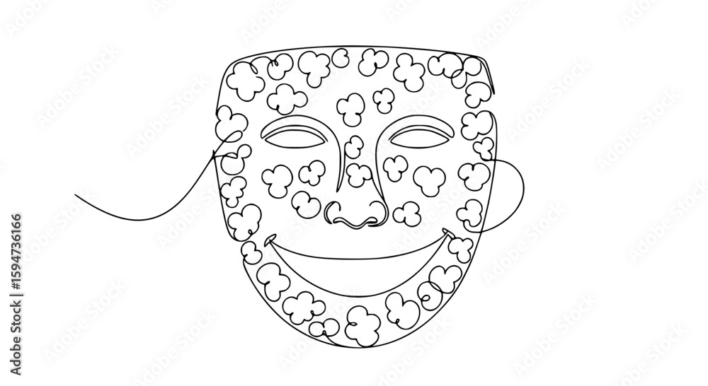 Poster one line outline vector of smiling face with popcorn patterns