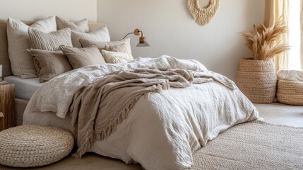 Cozy bedroom scene showcasing a comfortable bed with linen bedding, decorative pillows, a throw blanket, and natural elements like pampas grass for a serene interior design.