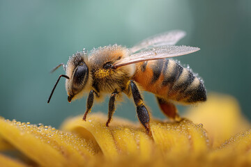 A honeybee covered in tiny droplets of water resting gently on the vibrant yellow petal of a flower, against a soft, out-of-focus background.