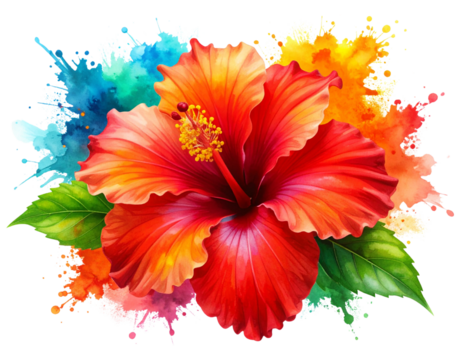 Expressive Abstract Watercolor Painting of Red Hibiscus with Color Splash Effects, isolated on transparent background