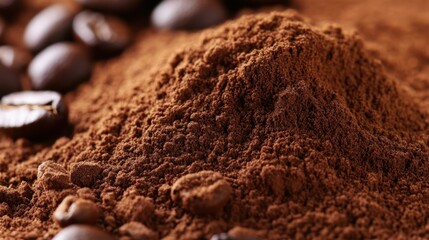 Freshly Ground Coffee Powder with Whole Beans on Dark Roasted Background