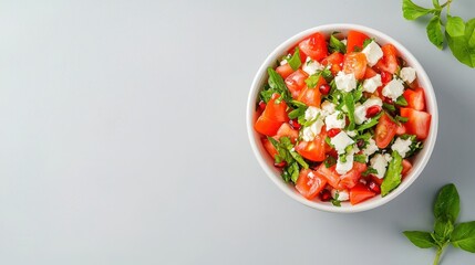 Delicious tomato salad with feta cheese, fresh basil, and pomegranate seeds presented in a white bowl on a soft blue background creating a vibrant and healthy meal.
