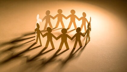 Circle of paper chain dolls illuminated by soft golden light symbolizes unity and connection among individuals in a creative display