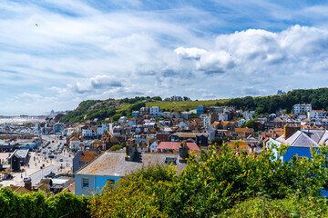 View from the East Hill over rooftops of Hastings, a charming coastal town in East Sussex, UK. 