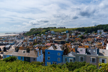 View from the East Hill over rooftops of Hastings, a charming coastal town in East Sussex, UK. 