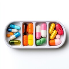 Colorful pills and capsules in a white pill organizer offer a vibrant display of medication, showcasing healthcare and pharmaceutical themes with a focus on wellness.
