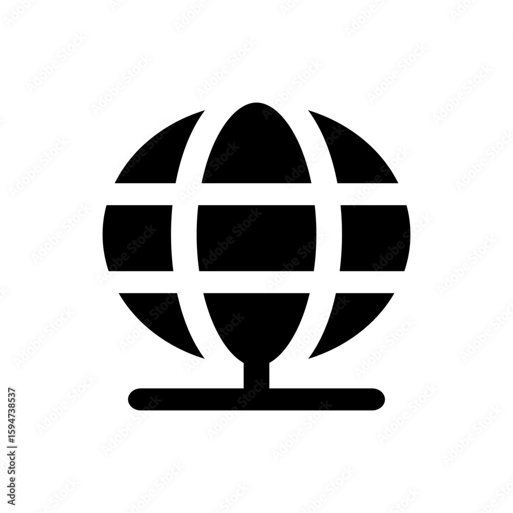 Poster a simple black and white globe icon on a stand with horizontal and vertical lines creating a grid pa