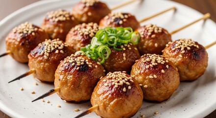 Grilled meatball skewers, seasoned and garnished, on a white plate.