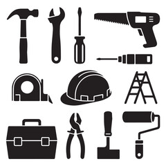Vector art of a set of construction and repair tools isolated on white background