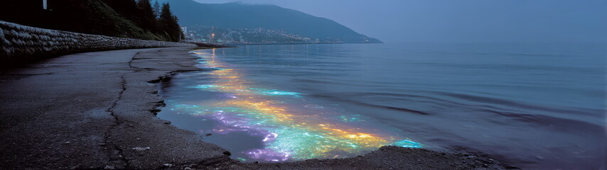 Illuminated shoreline action coastal scene hdr 360 degrees panoramic view at dusk