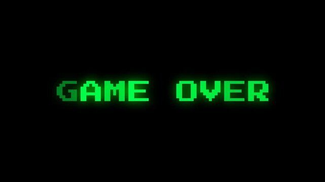 game over with green glowing pixels text animation. 4k resolution.