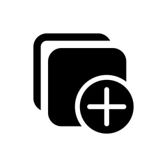 Icon depicting two overlapping documents with rounded corners and a plus sign indicating addition or creation