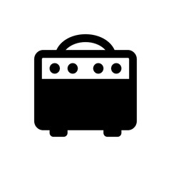 A simple black and white illustration of a guitar amplifier with a handle and speaker details shown