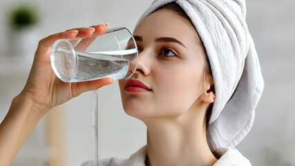 Young woman in a bathroom drinking water while wearing a towel on her head and a robe, promoting hydration and self-care routine in the morning