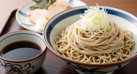 A close-up shot of a Japanese soba noodle dish with side dishes and dipping sauce.