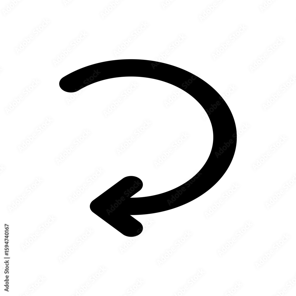 Poster black curved arrow pointing left indicating a return or undo action on a white isolated background v