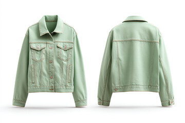 Light green denim jacket with button closures, front pockets, and visible seaming detail displayed on a white background.