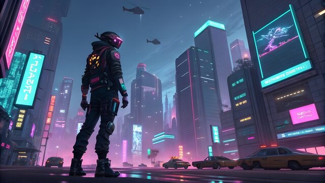  Pixel Art Cyberpunk Character in Neon Cityscape.