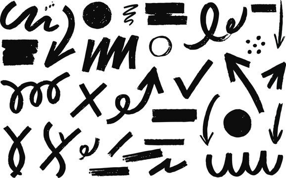 Brush line shape background abstract texture paint set. Hand drawn sketch doodle scribble brush geometric shape crayon effect background. Abstract arrow, circle, zigzag vector illustration