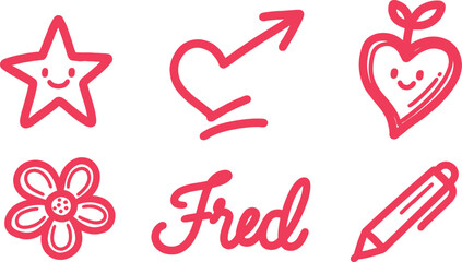 Doodle Delight: A Collection of Cute Pink Icons Featuring a Star, Heart, Flower, Pen, and Playful Typography, perfect for design projects