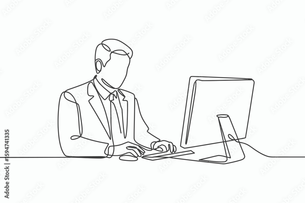 Fototapete minimalist line art of a businessman working on a computer
