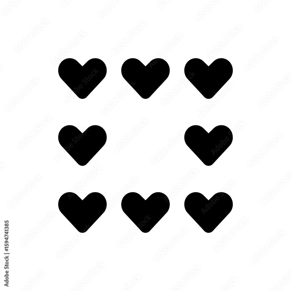 Poster arrangement of nine black heart shapes in a three by three grid on a white background creating a sim