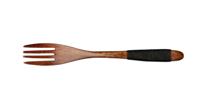 Rustic Wooden Fork with Black Handle Wrap - Unique Utensil Design in Stock Photo. Transparent background