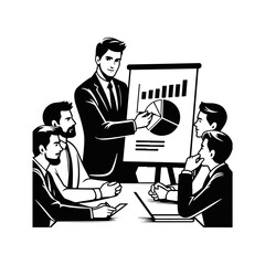 A man showing a pie chart to colleagues on with white background