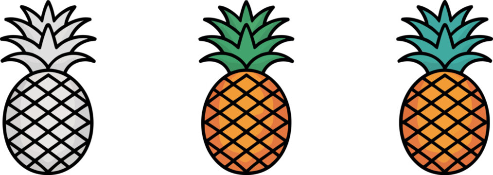 Vector art of pineapple icons represent tropical fruit and summer vacation isolated on white background