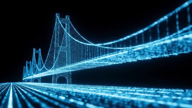 A glowing digital bridge structure is illuminated against a dark background, representing technology and future connections