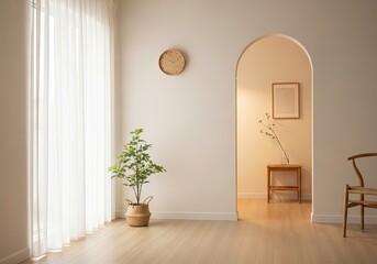 Bright and minimalist living room with Japandi style decor, natural light, and wooden furniture. Serene home interior background with copy space.