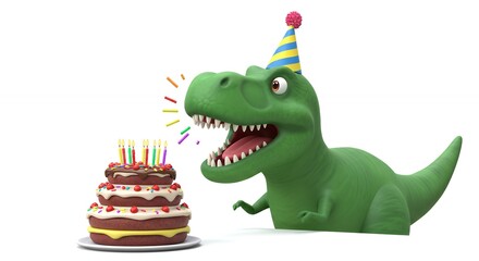 Cute dinosaur celebrates birthday with cake