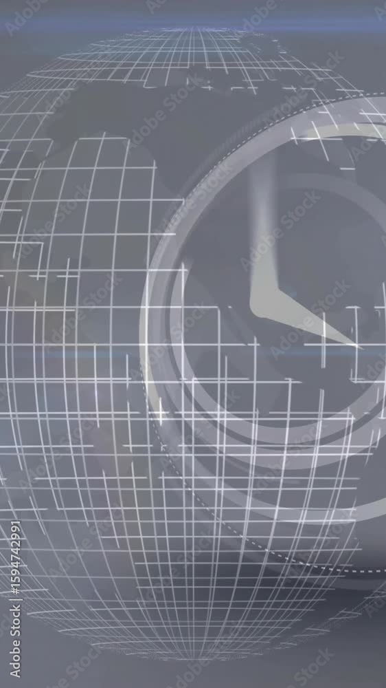 Poster Digital animation of rotating globe with grid lines and circular interface elements