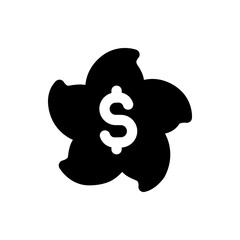 Black flower with five petals containing a white dollar sign symbol in the center of the floral shape design