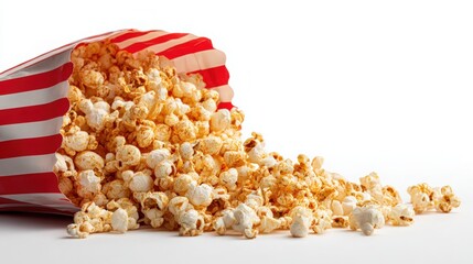 bag of popcorn spilling slightly, movie snack, white background