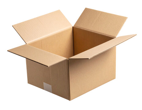 Flying cardboard parcel box with motion blur and floating tape flaps, isolated on transparent background PNG - Powered by Adobe