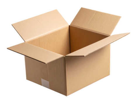 Flying cardboard parcel box with motion blur and floating tape flaps, isolated on transparent background PNG