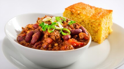 chili con carne with beans and cornbread on white backdrop