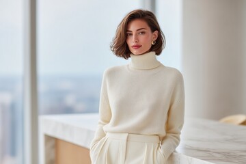 Elegant Woman in Cream Cashmere Turtleneck Holding Montblanc Pen in Modern Office