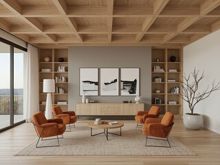 A spacious and modern living room interior featuring a wooden coffered ceiling, built-in shelving, four orange armchairs arranged for conversation, and a large window with a view.