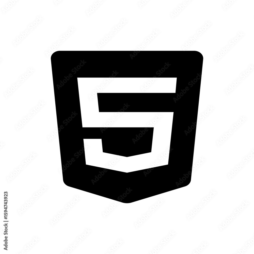 Poster Black and white html logo with a shield shape displaying the number five in a minimalist design style image