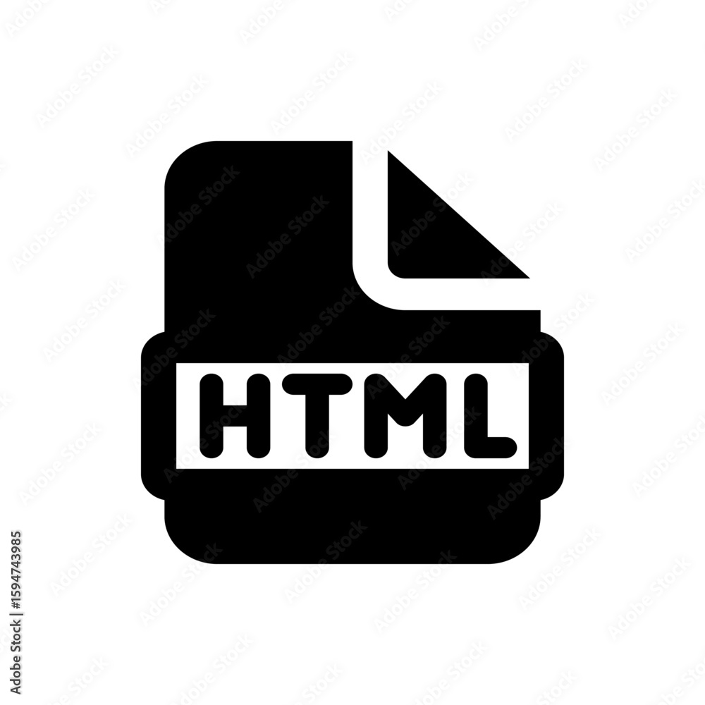 Poster illustration of a black html file icon with a folded corner representing web development and coding 
