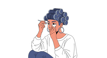 Young woman applying eye cream and using hair rollers preparing for her day