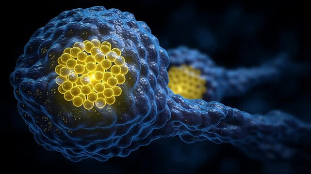 Personalized cancer treatment research concept revealing detailed cancer cell biology with glowing nucleus blue and yellow colors