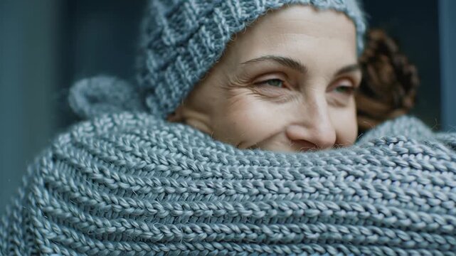 Cozy woman wearing knitted hat and sweater finds warmth comfort embracing hopeful smile during personalized cancer treatment