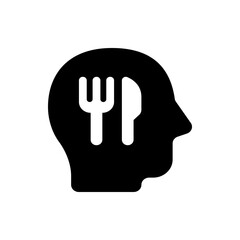 Silhouette of a head with a fork and knife inside representing thoughts about food and eating habits concept